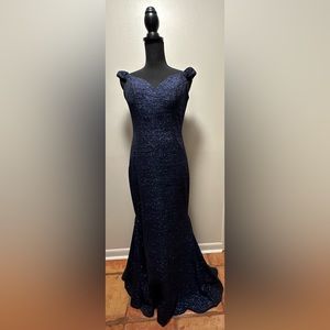 Blue Jovani Off the Shoulder Glitter Dress